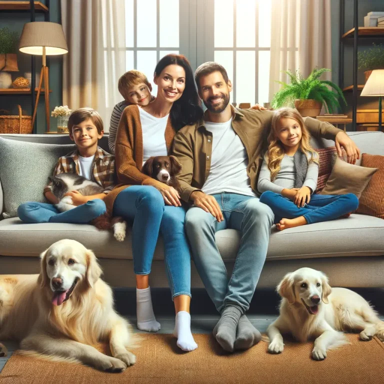 Happy family sitting on a couch with their pets, including two dogs and a cat, showcasing a pet-friendly home environment.